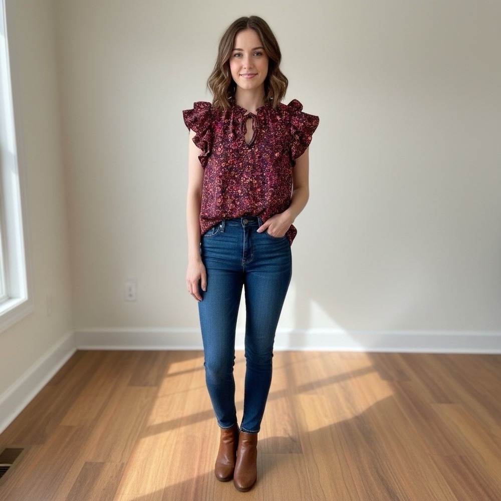 BCBG Paris Women's XS Floral Ruffle Blouse Tie Neck Keyhole Burgundy Boho
